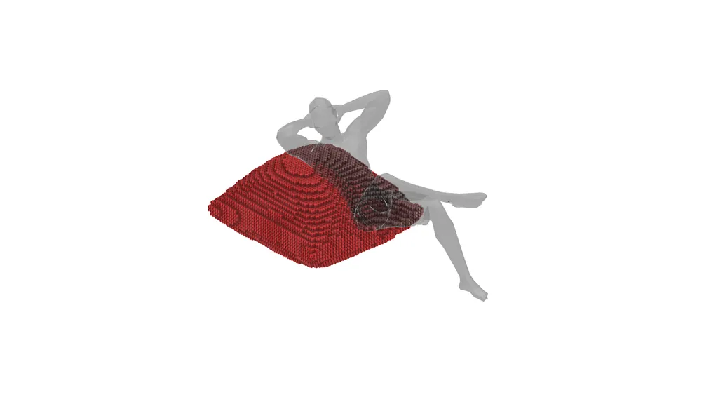 The settled chair rebuilt at growing voxel sizes, from fine grain steps to chunky rubber ring modules