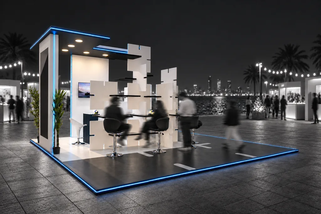The booth at night by the sea in Kuwait: interlocking white panels and black shelves form seats, counters and open edges