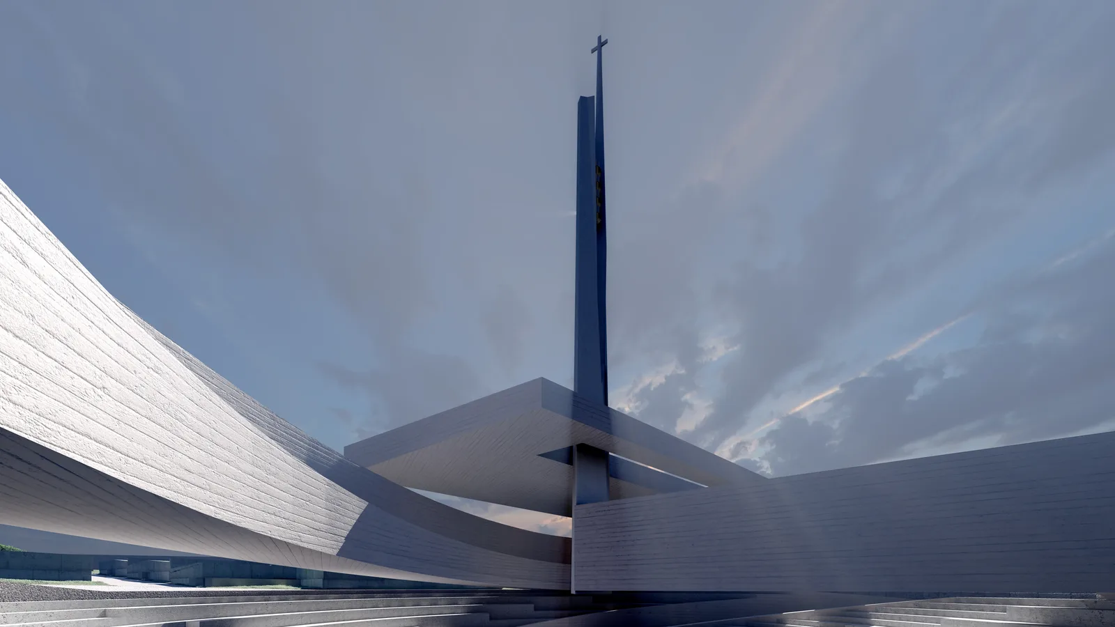 Looking up at the split bell tower of the Anfeh cemetery chapel, two concrete blades carrying the bells and the cross
