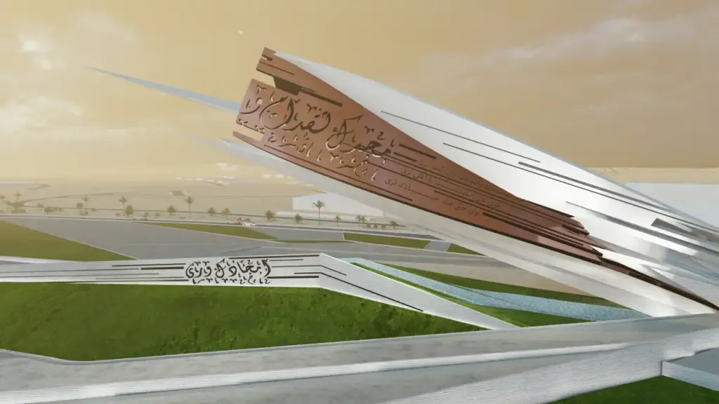 The falcon monument in motion: the camera pulls back from the copper calligraphy band to the whole roundabout at dusk
