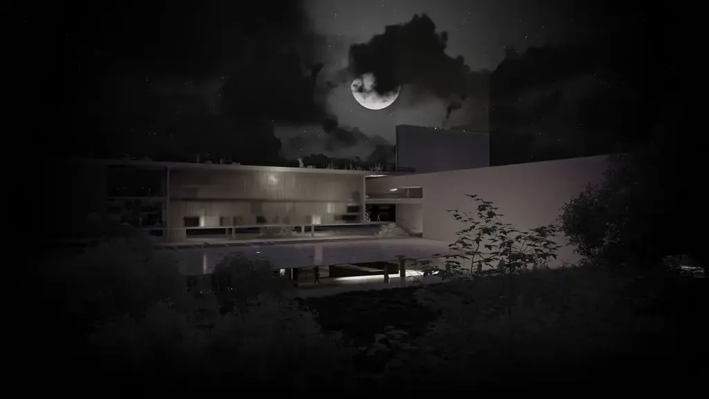 The Homage at a glance: the moonlit housing bar, the dark fair with its one beam of light and the cutaway axonometric