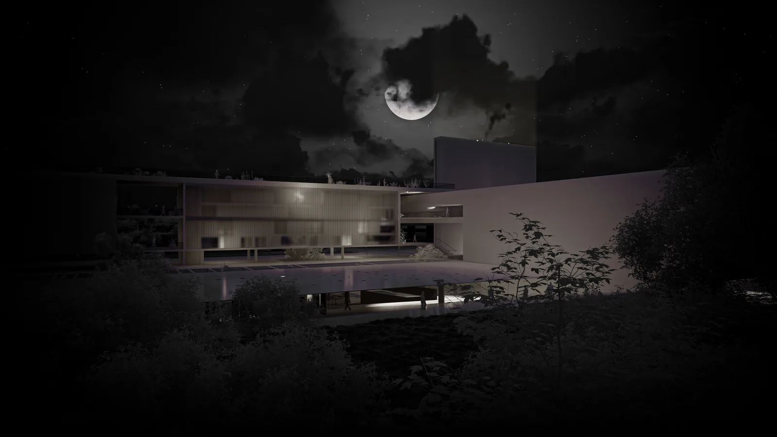 Moonlit render of the renovated Niemeyer housing bar at the Tripoli fair, a lit interior glowing over the reflecting deck