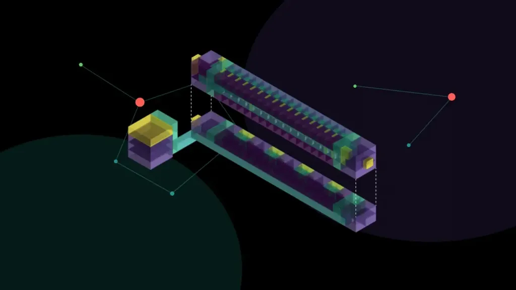 The Narkomfin voxel graph drawing closer: translucent volumes on black with graph nodes reaching out of the massing