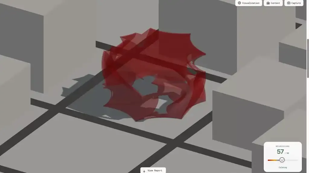 The red parametric room of NeuroSpace mid-morph, the live NeuroScore answering a slider drag