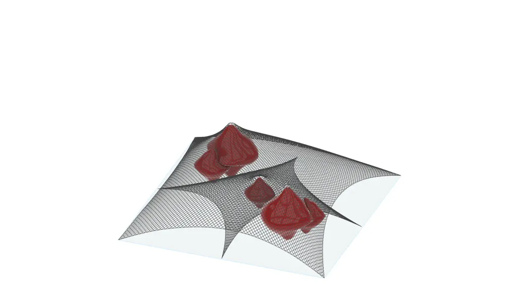 The settled playscape at rest: a double layer climbing net draped by Kangaroo over soft red inflatable mounds