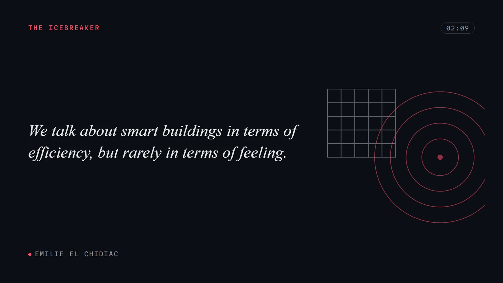 Quote card at 02:09, Emilie: we talk about smart buildings in terms of efficiency, but rarely in terms of feeling