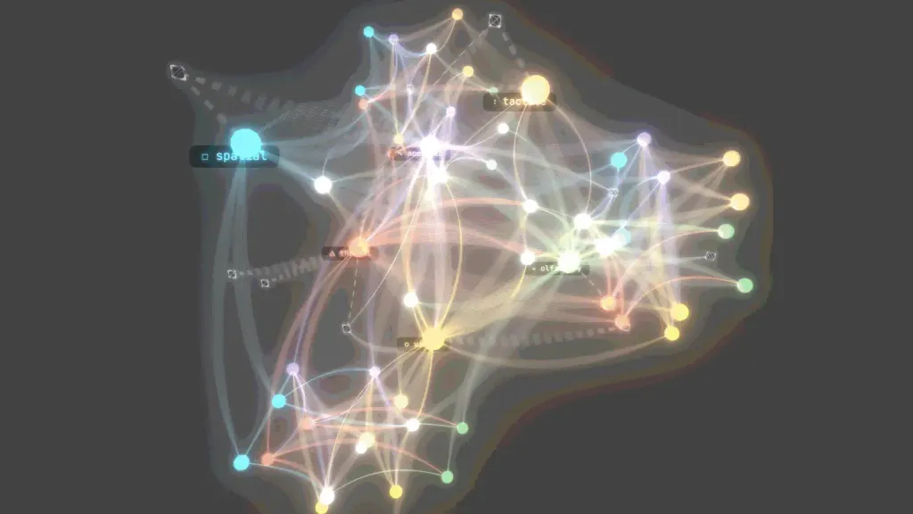 Sensi's relationship galaxy: six senses as glowing constellations, every thread a coupling between two comfort scores