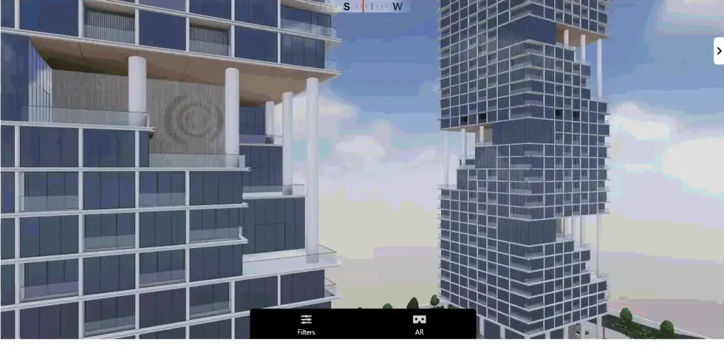 Screen capture of the interactive 3D unit selector orbiting the twin Verve towers, one unit footprint highlighted