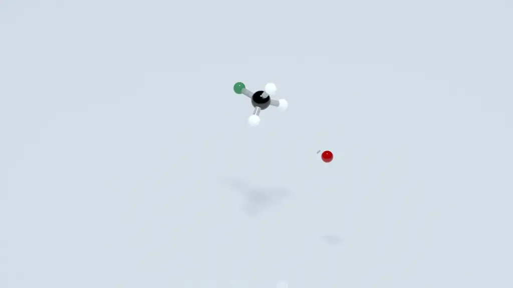 An SN2 reaction rendered for AR: the chloride ion leaves the molecule as methanol forms, ball and stick in grey space